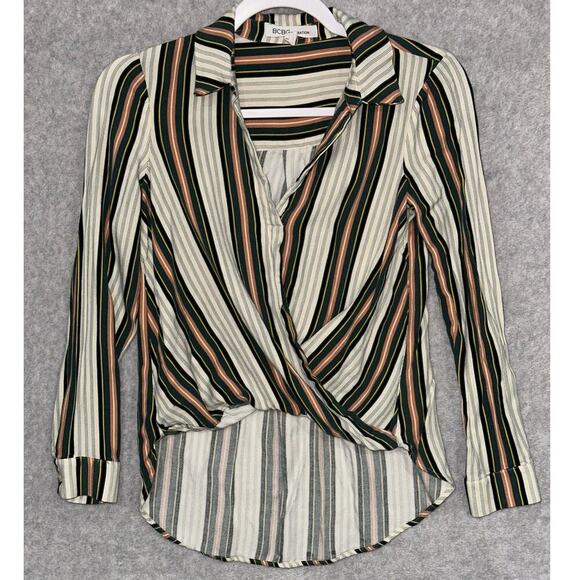 BCBG | XSmall | Wrap Front High‎ Low Tunic Blouse Long Sleeve Collared career - Picture 1 of 6